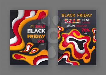 Black friday special discount, percent offer vector. Limited time, reduction half of price, autumn sellout shops. Clearance deal, seasonal bargain. Banners