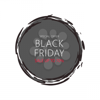 Total sale mega offer on Black Friday. Round sticker icon with sketch frame. Save up to 70 percent vector promo price, discount label isolated vector