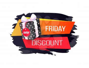 Friday discount price tag with dotted gift box, isolated vector icon. Clearance at the end of weekend, purchase package in decor wrapping, promotional card