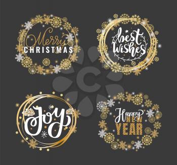 Merry Christmas and Happy New Year, Joys and best wishes holidays greeting cards, lettering font, doodles in wreath of snowflakes, celebration postcards