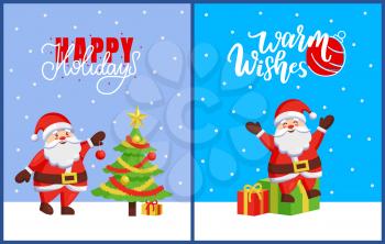 Happy Holidays and Warm wishes 2019 posters with Santa Claus adventures. New Year tree decoration and presents gifts from Father Frost, greeting cards