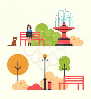 Woman freelance worker sitting on wooden bench in autumn park vector. Dog strolling animal by lady, fountain and lantern. Trees and bushes with leaves