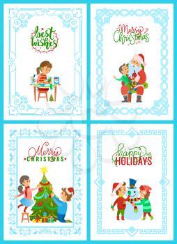 Christmas holidays activities girl making greeting card, boy tells wishes to Santa Claus, children decorating Xmas tree and playing with snowman, vector