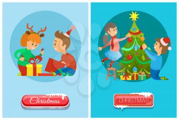 Christmas eve, children opening presents and decorating Xmas tree vector. Girl wearing reindeer horns accessories unpack gifts, greeting card, push button