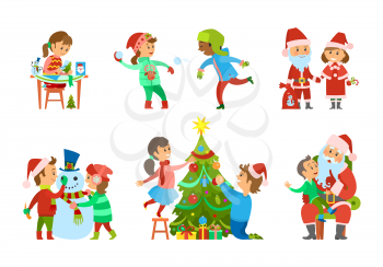 Christmas holidays, children on vacations set vector. Boy and girl skating on rink, father and daughter decorating evergreen tree with baubles toys