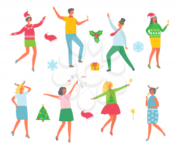 Christmas party people and symbolic winter images isolated icons set on white background. Wreaths with mistletoe and spruce evergreen tree. Man and woman dancing together