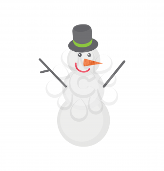 Snowman with grey top hat and carrot instead nose. Vector cartoon clipart or illustration of winter character with branches in place of his hands