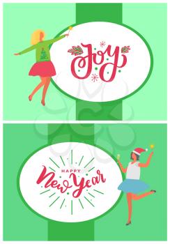 Joy and New Year party of dancing happy women vector. Mistletoe leaf decoration by font, wintertime event. Winter holiday eve festive celebration