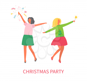 Christmas party, women in skirts and sweater with bang flapper. Confetti, vector female and party cracker exploding, flat design. Girls celebrating New Year