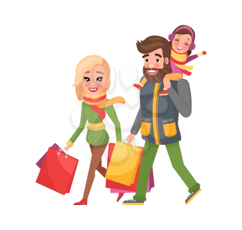 Happy family mother, father, daughter returns from shopping. Couple and children with bags full of presents, gift boxes vector. Christmas holidays celebration