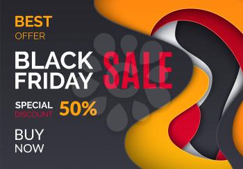 Black Friday best offer, 50 percent price off leaflet with 3D backdrop in flat style, vector retail sale tag. Special promo card with half price discount