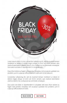 Black Friday up to 30 percent off special offer, balloon realistic 3D icon, online poster. Helium dark inflatable ball, sale label with info about discounts