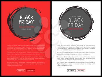 Save up to 70 percent on Black Friday price tag templates, big sale in November. Vector discount round badges with sketch frame on website pages, push buttons