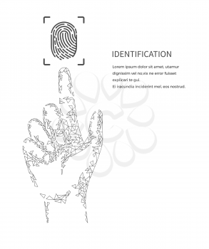 Identification poster monochrome vector with text. Fingermark and information, digital method of authentication and recognition of scanning thumbprints