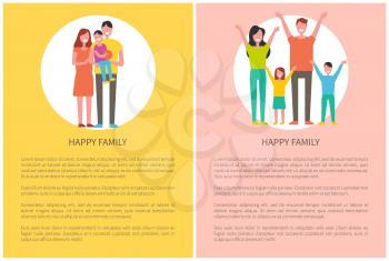Happy family spend time together. Mother, father, daughter and son rise hands up greeting everyone. Smiling citizens with boy holding ball in hands vector
