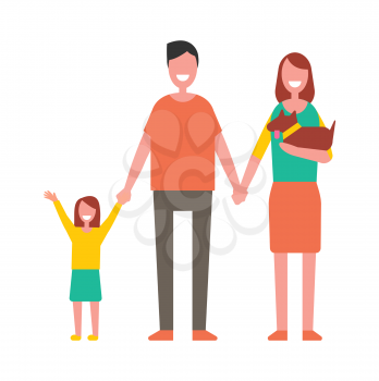 Family with dauhter and dog hold hands. Father beside mother carring pet near happy daughter. Parents that have kid vector illustration isolated.