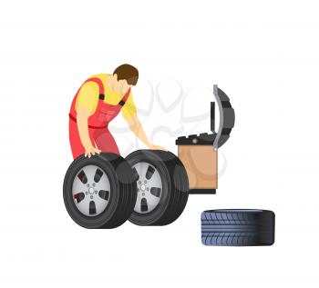 Car repair service. Wheels and tyre fitting, mechanic working in automobile workshop isolated. Repairman balancing or changing auto spare parts, vector