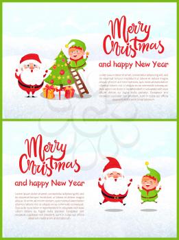 Merry Christmas greeting poster with Santa Claus and elf vector. Winter characters decorating evergreen tree with balls and garlands. Presents boxes