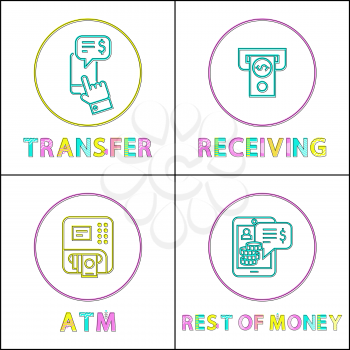 Automatic teller system device and receiving, transfer money operation and balance or fund rest lineart flat illustration set on financial theme.