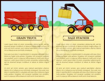 Agricultural machinery set cartoon vector banner. Grain truck with trailer and bale stacker with stack of hay, new equipment, farming technique poster