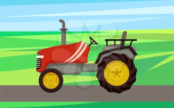 Tractor agrimotor machine vector. Agriculture and farm machine for cultivation. Farming vehicle driving on land field grass, agronomy auto mechanism