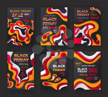 Black friday posters, holiday shopping, sale. Seasonal discount, best price, off or reduction, autumn special offer, money saving vector illustrations