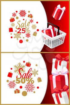 Christmas sale 25, 50 percent off, vector brochures with shopping cart, wrapped presents gift boxes. Cover with info about Xmas and New Year discounts