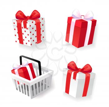 Gift boxes decorated with ribbons isolated icons vector. Sale of shops, sellout of presents boxes, holiday package to celebrate. Greeting items set
