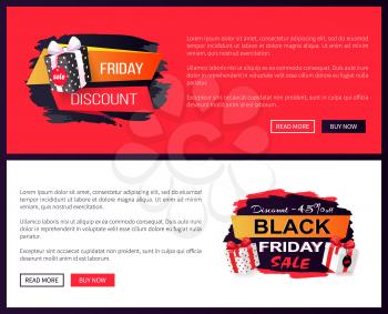 Black Friday sale off promo stickers, advertising coupons with gift boxes. Wholesale price tags icons in dark and red, packages on online sites templates