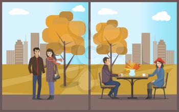 Cafe and dining, drinking coffee and hot tea in autumn park set vector. Man and woman sitting by table and talk, couple walking. Cityscape and trees