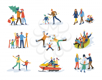 Winter family activities, children and parents vector. Mother and father carrying pine evergreen tree skiing and creating snowman. Skating sledge ride