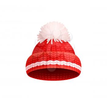 Knitted red hat with white pom-pom vector icon isolated. Warm headwear item, winter cloth thick woolen chunky yarn, hand knitting crochet headdress