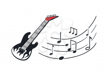 Electric guitar, musical string instrument in rock style vector. Music sheet with lines and notes, signs on notation, tablature and playing melody
