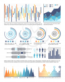 Infographics and pie diagrams with figures data vector. Tables and schemes with people population information. Circles flowcharts and infocharts