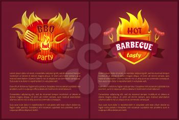 Crossed spatula and paddle on burning barbeque fire and hot spicy sausages on forks vector bbq labels on posters with text sample, grilling badges