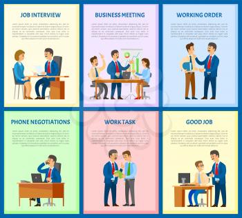 Job interview and business meeting of workers vector. Negotiations on mobile phone, leader giving task to employee. Candidate and boss with resume