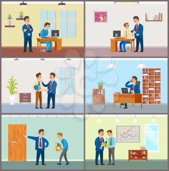 Boss supervising new workers at job, businessman working in office vector. Employer and employee, sacked unemployed person, charts and presentation