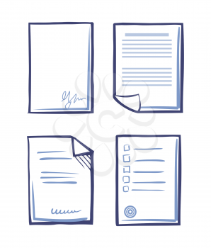 Office paper and documentation monochrome sketches outline isolated icons set. Pages with signatures and stamps of boss person vector. Documents sheet