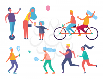 Family mom and child with air inflatable balloon icons set vector. Relaxing people riding bicycle and couple playing tennis. Running male and female