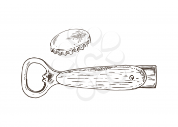 Bottle opener and cap closeup. Utensil with wooden handle and metal top for opening containers. Monochrome sketch outline set vector illustration