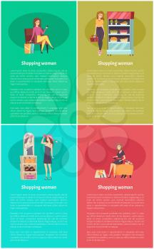 Shopping woman relaxing on cozy armchair set of posters with text sample vector. Fridge with fruits and vegetables, hat choosing, lady wearing shoes