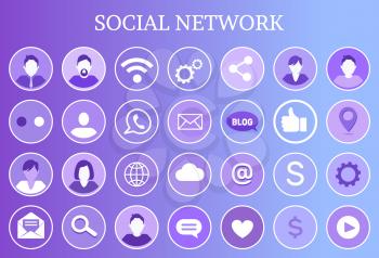 Social network share isolated icon set vector. Profiles and searching magnifying glass chatting box, heart thumb up. Dollar sign and globe symbol