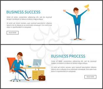 Business success, businessman with prize web pages vector. Leader of company talking on phone, boss working in office. Room of chief executive manager