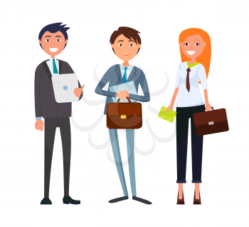 Businesswoman and businessman with business papers and documentation vector. Woman holding briefcase, workers with modern device, gadget tablet usage