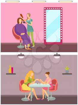 Hair styling hairdresser and manicurist set working people vector. Nail polishing procedure and making new design, hairstyle changing of woman client