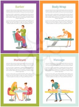 Barber and body wrap pedicurist with client, caring for nails. Posters set with text sample and massage, male masseur rubbing back of patient vector