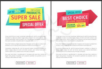 Special offer banners set, vector design icons. Super sale, best choice, exclusive products, premium discount promotion, buy now, origami style online poster