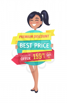 Premium discount and best price exclusive offer for clients. Smiling woman holding ribbon with clearance and good deal for shoppers isolated on vector