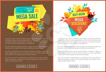 Mega sale and discounts poster set with text. Autumnal premium quality proposition of selling natural products on reduced price. Merchandise vector