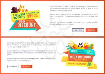 Special promotion mega discount posters set. Buy now exclusive product only one day autumnal proposition. Natural quality products autumn offer vector